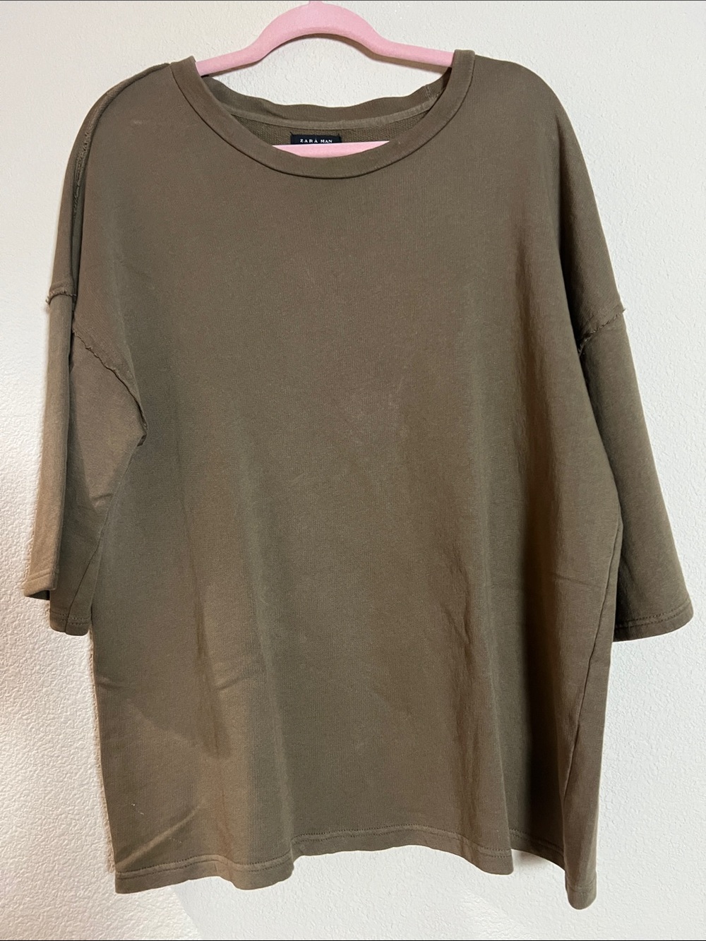 Zara Men's Olive Crewneck 100% Cotton Short-Sleeve Sweatshirt